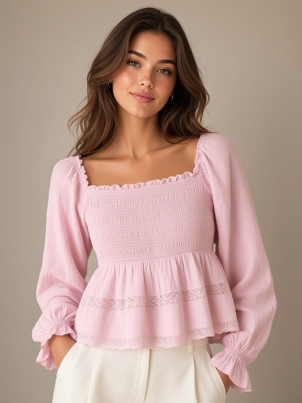 NWT Pink Smocked Ruffle Peplum Top Lace Cottagecore